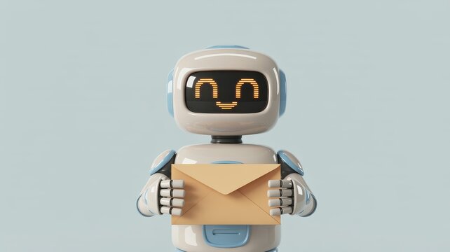 Friendly robot character holding a paper envelope, cute white android delivering mail, digital assistant providing message notification service