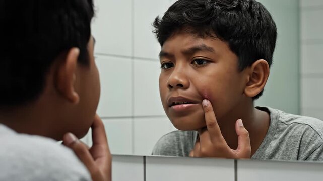 Young Boy Pointing at Pimple in Mirror. Suitable for teenage acne awareness, skincare for boys, dermatology education, and adolescent self-care content.