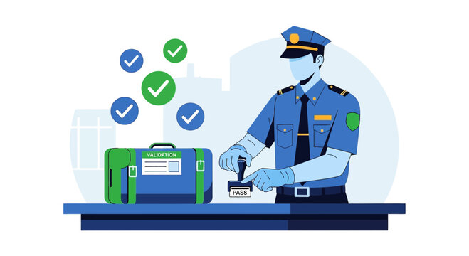 Customs Officer Inspecting Luggage, Border Control, Travel Security, Approved Checkmarks