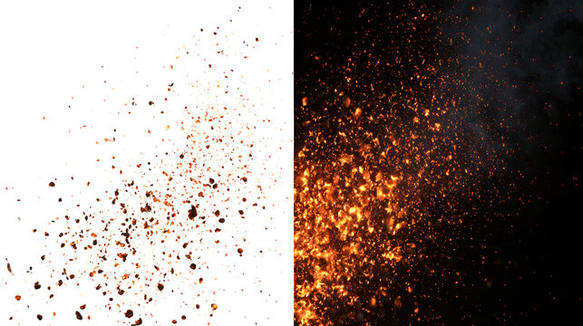 Fire Embers and Spark Shower Overlay, white background and Black Background Versions. Fire embers with floating sparks and particle shower, provided as white background overlay Stock Illustration