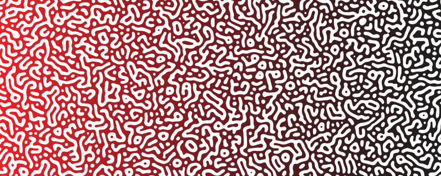 Abstract turing pattern background with red to black color gradient. Organic reaction diffusion texture banner template for modern scientific and creative graphic design vector illustration.