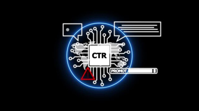 Digital circuit board with CTR text and warning symbol on black background cost per acquisition technology. 4k animation video