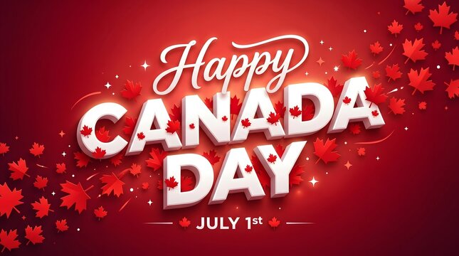 Happy canada day greeting with maple leaves and sparkles on july 1st