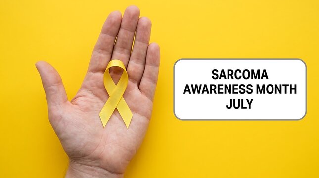 Human hand holding a yellow ribbon for sarcoma awareness month in july