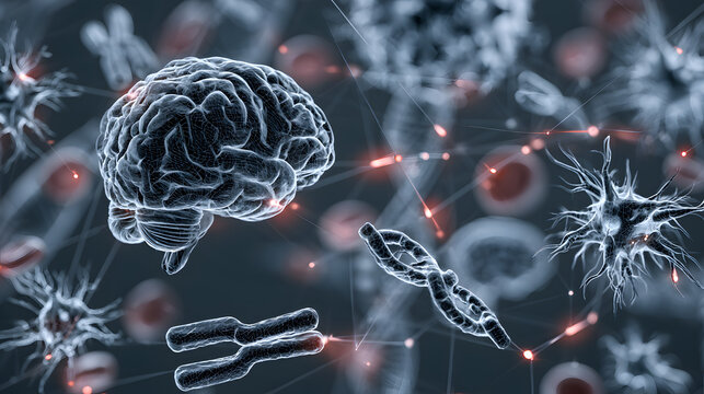 Future of personalized medicine and AI biomedical technology. Human anatomy, brain, DNA, chromosomes, antibodies, blood cells, neurons, pharmaceutical research and molecular science data interface 