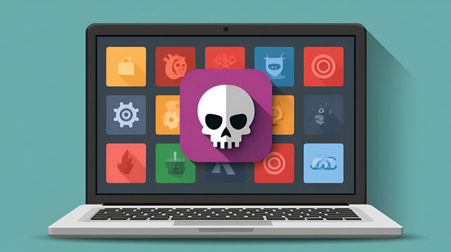 Open laptop with a skull on the app tile. Computer system infection. Graphic in flat design style. Infected app on laptop screen. Stock Illustration
