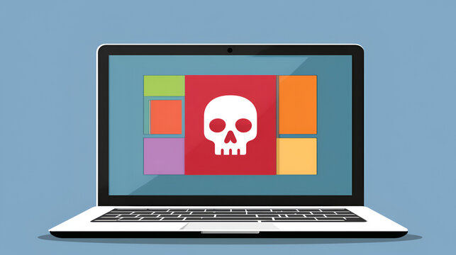 Open laptop with a skull on the app tile. Computer system infection. Graphic in flat design style. Infected app on laptop screen. Stock Illustration