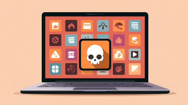 Open laptop with a skull on the app tile. Computer system infection. Graphic in flat design style. Infected app on laptop screen. Stock Illustration