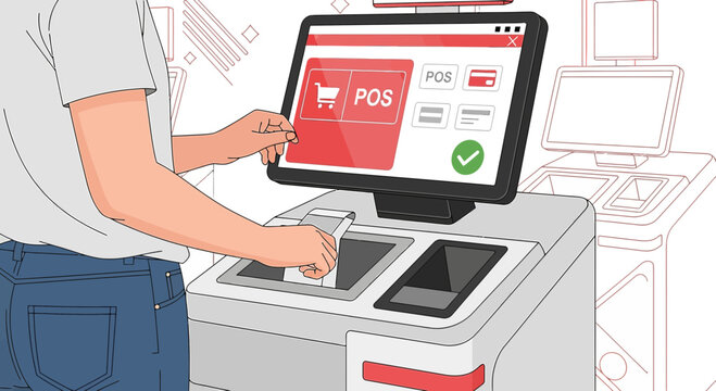 Customer Using Self-Checkout POS Machine for Shopping Cart Payment and Credit Card Transaction
