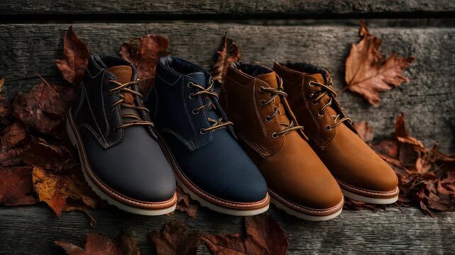 A collection of fashionable leather boots in rich autumn hues is showcased. The rustic wooden background and scattered leaves create a cozy fall atmosphere
