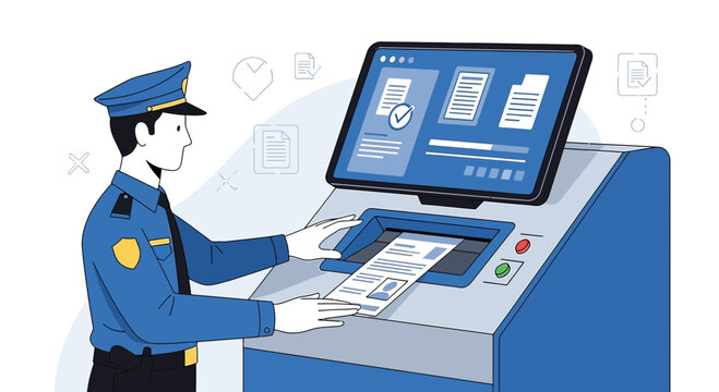 Customs Officer Inspecting Documents at Border Control Station