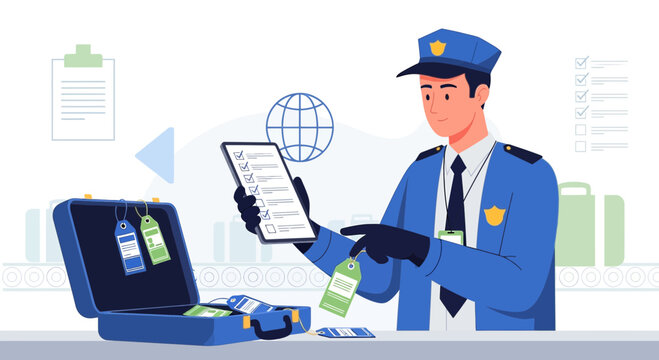 Customs Officer Inspecting Luggage at Airport Border Control