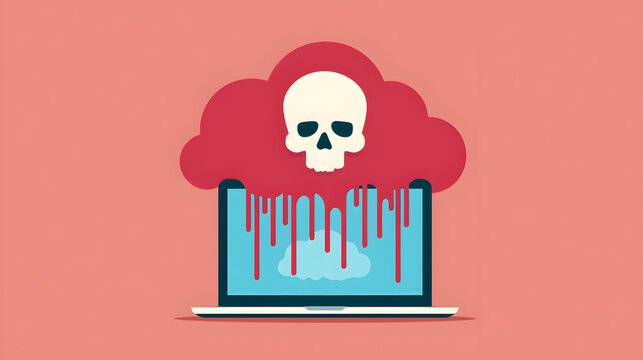 The cloud is on a red background, and a skull is on top of the cloud. The virus has infected the cloud connection. Illustration in flat design style. A laptop with an infected cloud on the screen.