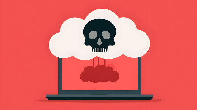 The cloud is on a red background, and a skull is on top of the cloud. The virus has infected the cloud connection. Illustration in flat design style. A laptop with an infected cloud on the screen. 