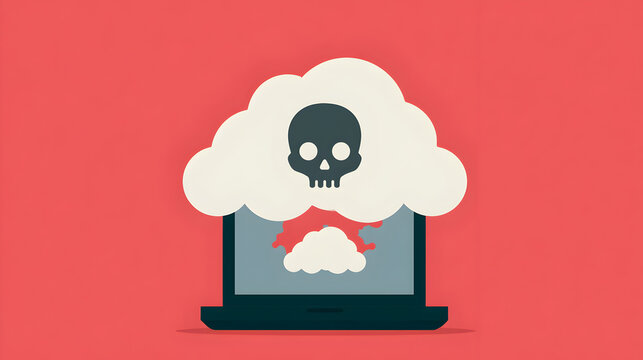 The cloud is on a red background, and a skull is on top of the cloud. The virus has infected the cloud connection. Illustration in flat design style. A laptop with an infected cloud on the screen. 