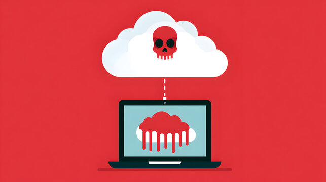 The cloud is on a red background, and a skull is on top of the cloud. The virus has infected the cloud connection. Illustration in flat design style. A laptop with an infected cloud on the screen. 
