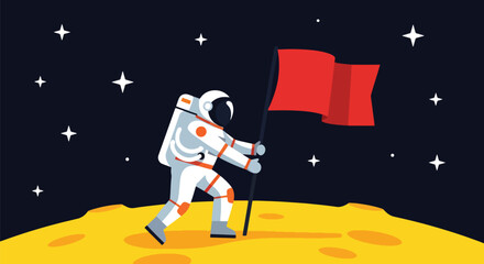 Flat style vector illustration of an astronaut planting a flag on the moon beneath a starry sky. Perfect for education, astronomy, science, history, children, and space exploration themes © Amie