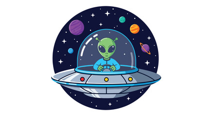 Flat style vector illustration of a smiling green alien driving a flying saucer among colorful planets and stars. Perfect for children's books, science fiction, education, games, and fun designs © Amie