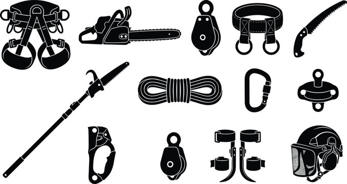 Professional arborist tree climbing lumberjack forestry work safety rigging chainsaw and wood cutting care equipment tools icons set