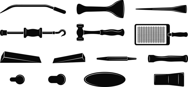 Professional auto body repair car dent pulling panel beating chassis straightening mechanics garage workshop equipment tools icons set