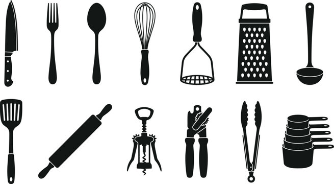 Professional restaurant kitchen culinary cooking baking meal preparation home chef food catering service utensils tools icons set
