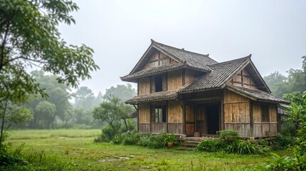 Fototapeta premium Traditional bamboo house in a misty rural landscape