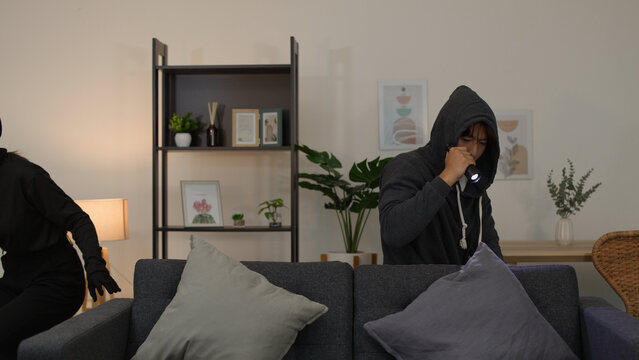 Two Masked Intruders Searching a Modern Living Room at Night