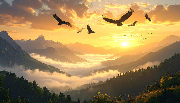 Majestic Mountain Sunrise with Flying Eagles over Misty Valley