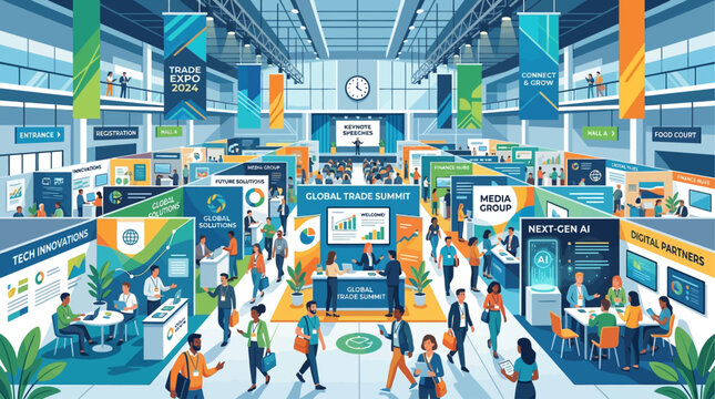 Bustling technology and business convention with attendees exploring interactive booths and engaging in networking at a modern exhibition center, showcasing innovation and collaboration