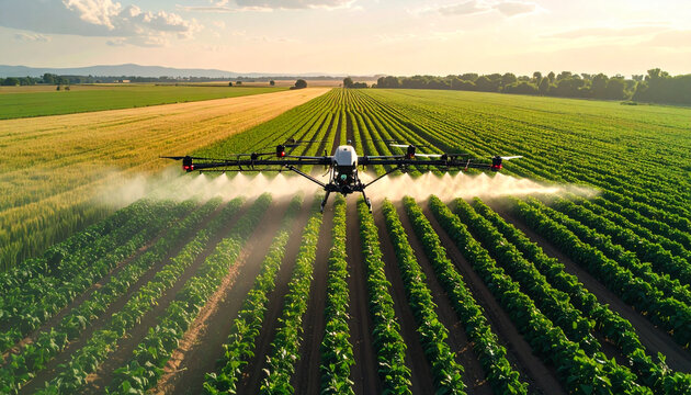 Smart farming drone spraying green crop field at golden hour