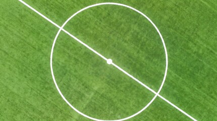 Obraz premium Top Down Aerial View of Soccer Field Center Circle and Kickoff Point