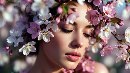 Naklejka premium Captivating portrait of a young woman surrounded by delicate cherry blossom flowers in full bloom