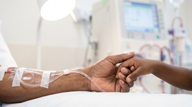 Dark-skinned dialysis patient holding child&rsquo;s hand during hemodialysis treatment, close-up family support and renal care in clinic.