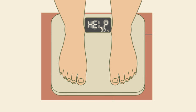 Person stands on a bathroom scale that flashes a dramatic help warning message instead of displaying body weight numbers.