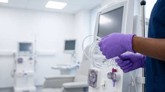 Dialysis technician holding coiled sterile tubing beside hemodialysis machine, close-up renal replacement therapy setup in clean clinic.