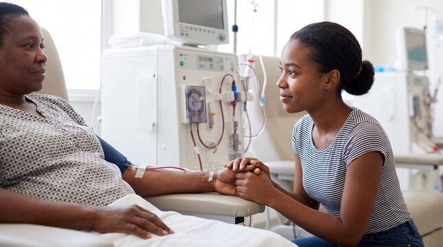 Dark-skinned woman receiving hemodialysis while younger caregiver holds her hand, family support and renal care in dialysis clinic.
