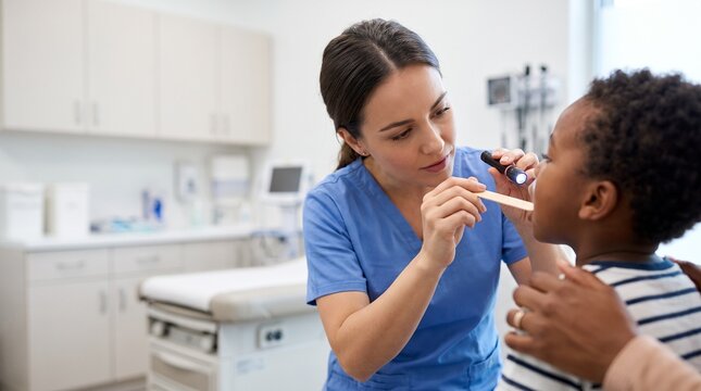 Caucasian pediatric nurse examining dark-skinned child&rsquo;s throat with penlight and tongue depressor, ENT checkup and respiratory screening in clinic.