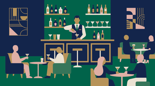 Flat vector illustration of people enjoying drinks in a modern cocktail bar with a bartender serving behind the counter, illustrating nightlife lifestyle and representing social gathering concepts
