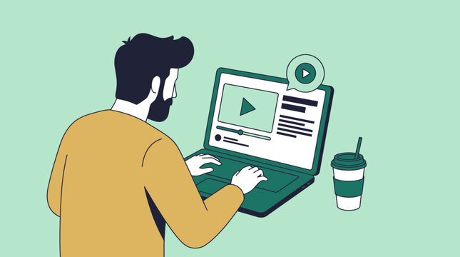 Back view of a man watching video tutorial on laptop computer near a takeaway coffee cup, representing online education platform and modern digital streaming entertainment
