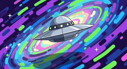 Retro UFO flying through colorful galaxy, space travel, sci-fi concept © udin