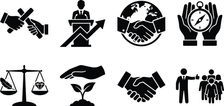Corporate leadership business ethics and global partnership black vector icons set for infographics