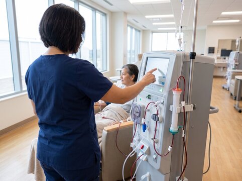 Dialysis nurse adjusting hemodialysis machine for elderly Asian patient in bright treatment room, renal care and kidney dialysis session in clinic.
