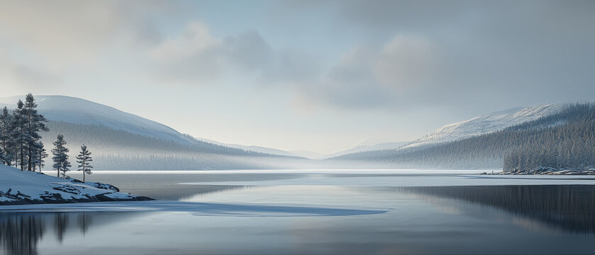 Serene winter landscape featuring a partially frozen lake reflecting snow-covered mountains and evergreen forests under a soft, cloudy sky