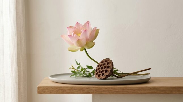 Delicate Pink Lotus Flower and Seed Pod on Ceramic Plate