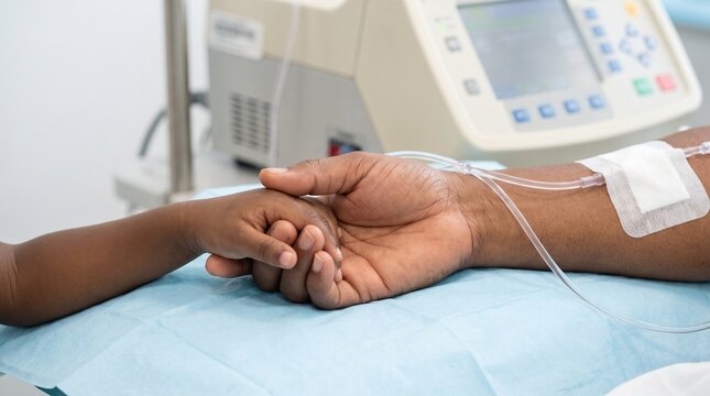 Dark-skinned dialysis patient with arm catheter holding child&rsquo;s hand during hemodialysis session, close-up family support in clinic.