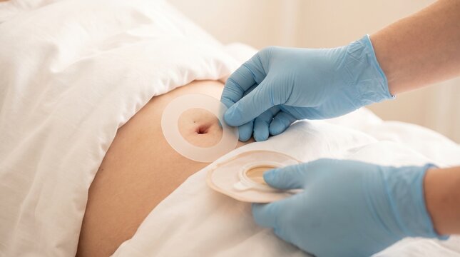 Ostomy care. Healthcare worker preparing an ostomy pouch and protective skin barrier on a patient&rsquo;s abdomen