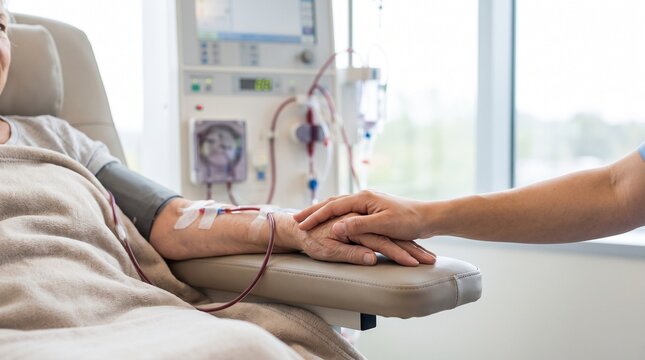 Senior dialysis patient receiving hemodialysis while caregiver holds her hand, close-up emotional support during renal treatment in clinic.