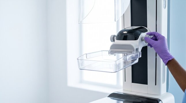 Dark-skinned clinician adjusting mammography machine compression paddle, close-up breast cancer screening setup in radiology clinic.