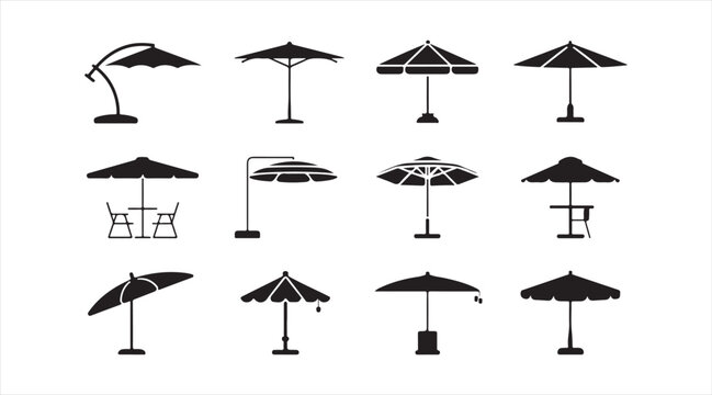 Modern Beach Umbrella and Shade Shelter Symbol Set with Parasol Vector Icons for Travel and Recreation
