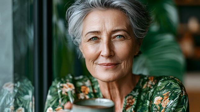 Senior woman enjoying a peaceful moment with a warm drink